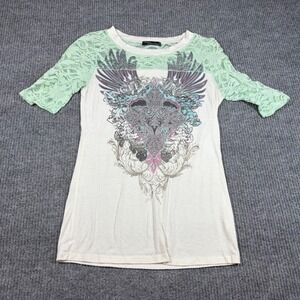 Angels & Diamonds Shirt Womens Small White Graphic Green Lace Sleeve Y2K Top